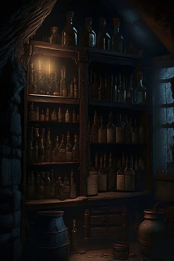 A dark dungeon room with a dusty shelf holding only vintage bottles