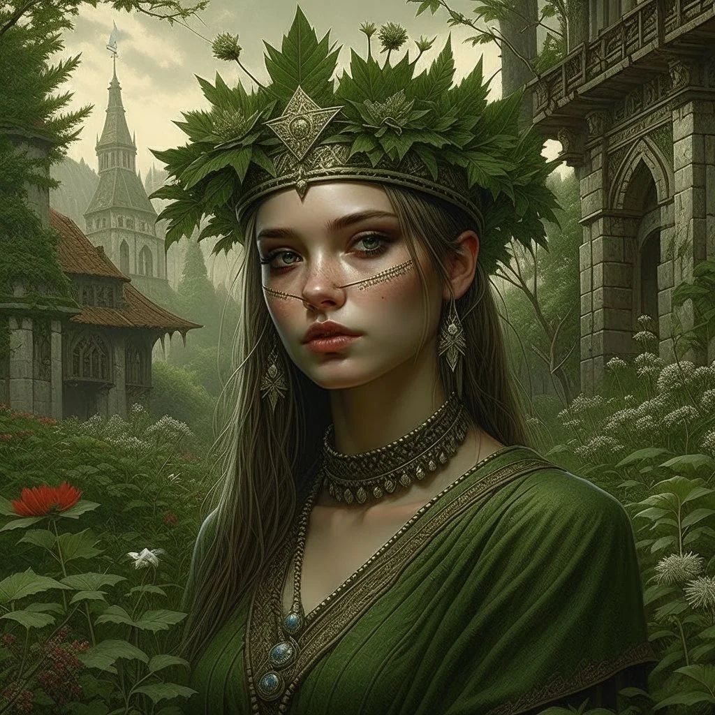 Pagan town, viking art, highly detailed with lush forests, green leafs, flowers, pagan temple with runes, high resolution, 24k, ornate, intricate, complex, digital painting, smooth, art by royo and tom bagshaw