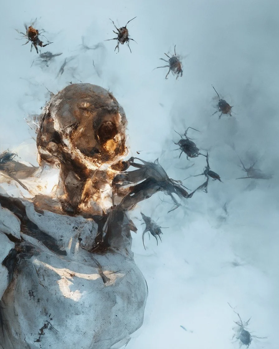 horror, swarming mechanical robotic insects, screaming mannequin, pain, decay