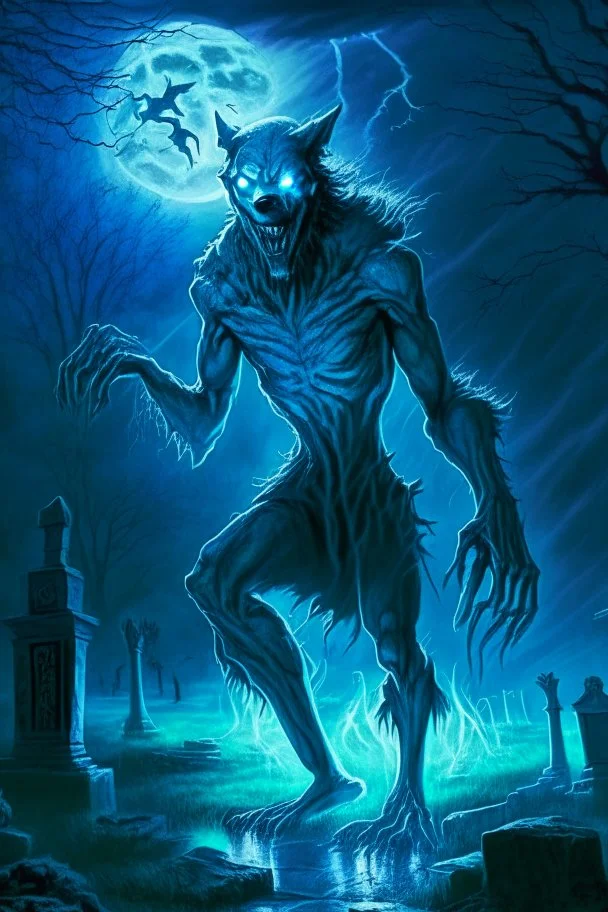 a very thin glowing blue ethereal two legged wolf man with claws and red eyes in a graveyard at night during a thunderstorm. It has a long bushy tail and appears friendly.