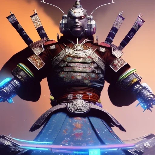 A portrait of a crystalised robot samurai with yakuza tatu, atmospheric, realistic, unreal engine cosmic galactic, cinematic lighting, octane render, cosmic ambiance, masterpiece, art by Yoji Shinkawa, composing fit inside, masterpiece