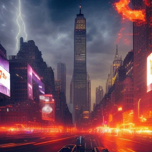 huge monster, destroying downtown New York city, dramatic, dramatic lighting, volumetric lighting, hyperrealism, 8k, high quality, photorealistic, lot of details