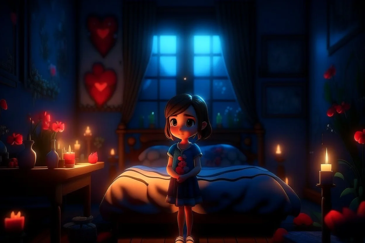 Cute chibi girl in a bedroom at night, flowers in candlelight, heart and love, ethereal, cinematic postprocessing, bokeh, dof Weight:1 detailed matte painting, deep color, fantastical, intricate detail, splash screen, complementary colors, fantasy concept art, 8k resolution trending on Artstation Unreal Engine 5 Weight:0.9