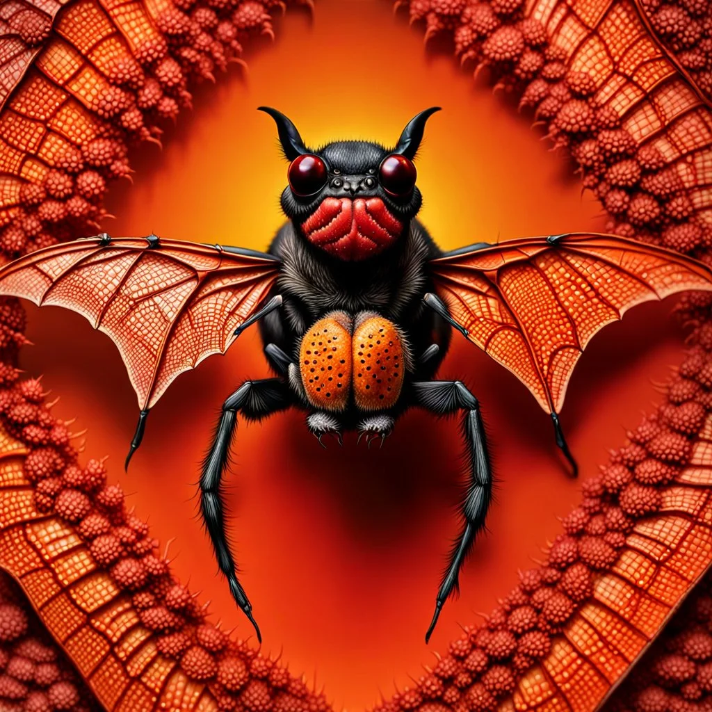 A national geographic award skin color patterned like a poisinous incect or reptile, horrorcore, science gone crazy, winning photograph of of a bat spider housefly hybrid in nature and on the hunt, 64k, reds, oranges, and yellows anatomically correct, 3d, organic surrealism, dystopian, photorealisitc, realtime, symmetrical, clean, 4 small compound eyes around two larger compound eyes, surrealism telephoto dynamic lighting 64 megapixels Unreal Engine volumetric lighting VRay