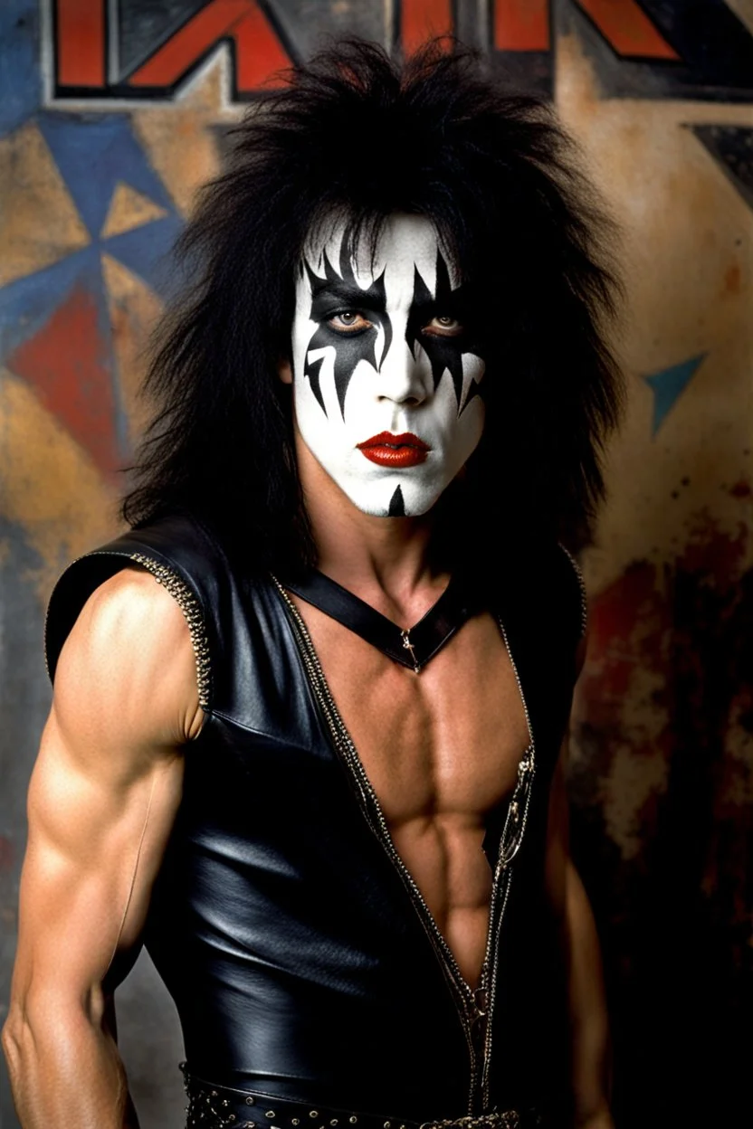 text 'KISS' - head and shoulders portrait, KISS 20-year-old Paul Stanley, Black star on right eye, Chest and stomach hair, black spandex and leather, 8-inch high platform boots, - a multicolored cement wall in the background,