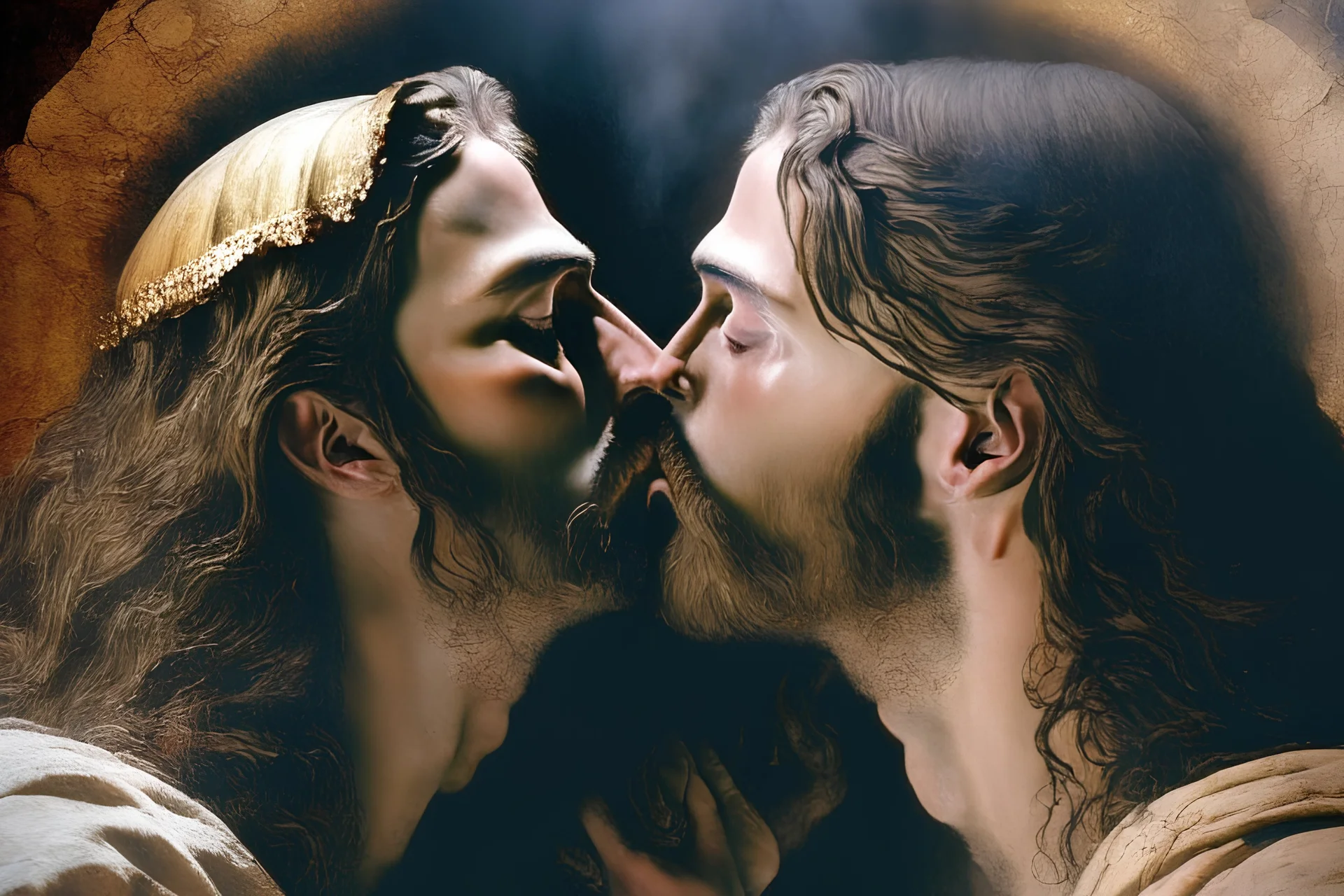 egy másik szakállas férfival jézus smárol and gloriás Jesus Christ flirtatiously kissing picture, rich in detail. They were loosely dressed. They are very much in love with Jesus On the edge of the abyss, where the eternal abyss is and everything is embraced around them by beings of light. There are also ape-men and big black shadows with hoods and stoles. 4K Blurred image of Jesus with a monkey head