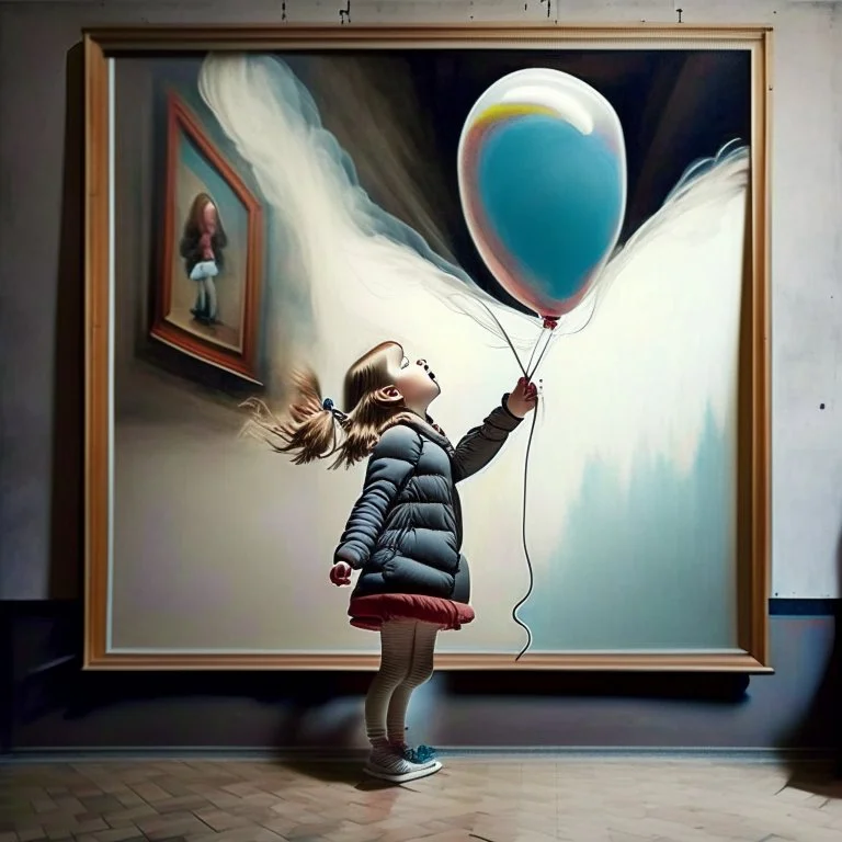 A picture shown in the exhibition in the museum of a girl blowing up a balloon tied to her hand with a string, the balloon comes out of the picture and flies in the museum space