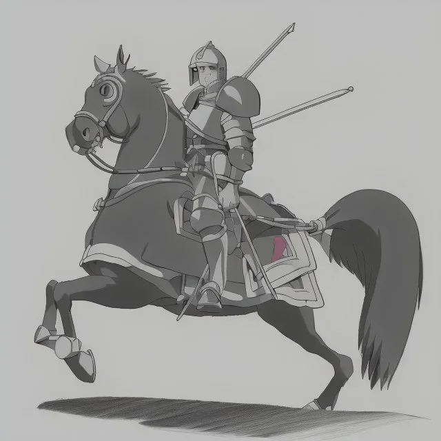 pencil sketch from side, little knight on the horse in armor with lancet charging