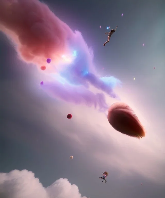 Ultra realistic speed clouds sky scene, wide angle view, strong men falling down with many Childs, circus clothing style, feather color clothing, free jumping flying, many trinkets, hair monster, many jelly beans, balls, color smoke, smile, happy, extreme, wind, clouds sea, 20,000 feet altitude, stratosphere, soft color, highly detailed, unreal engine 5, ray tracing, RTX, lumen lighting, ultra detail, volumetric lighting, 3d, finely drawn, high definition, high resolution.