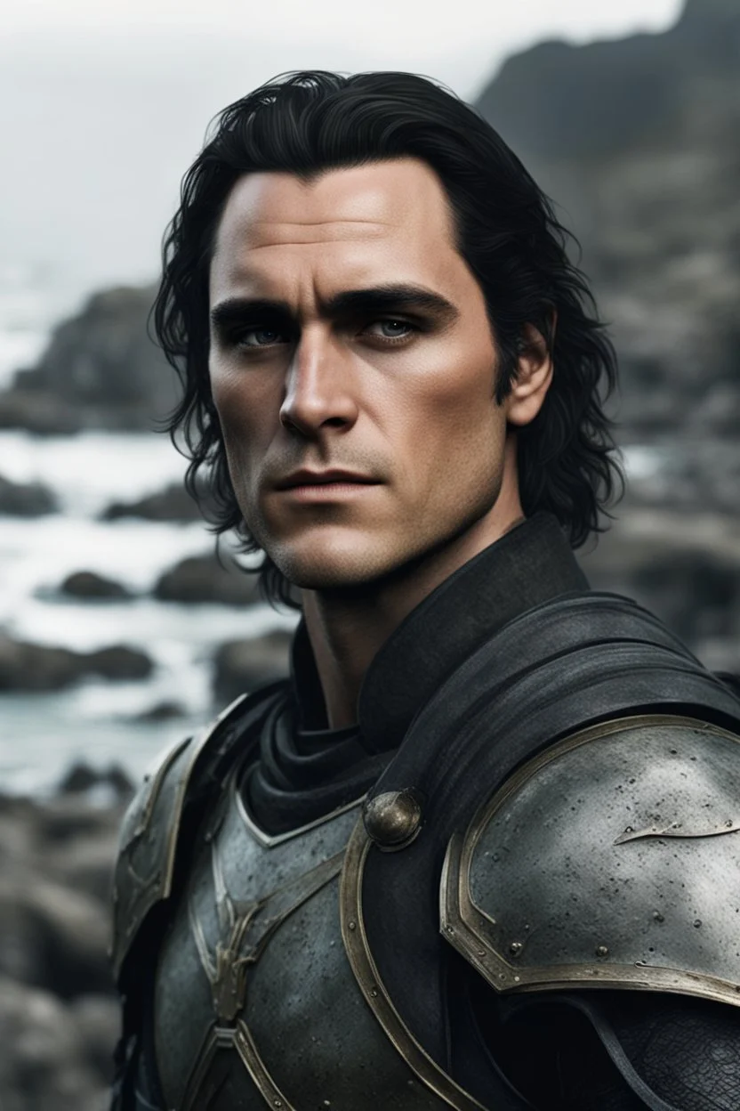 A portrait of Joaquin Phoenix in his early 30s, long beachy haircut, black hair, on a rocky island, in ebony armor from Skyrim, melancholic and dangerous facial expression, half-smiling