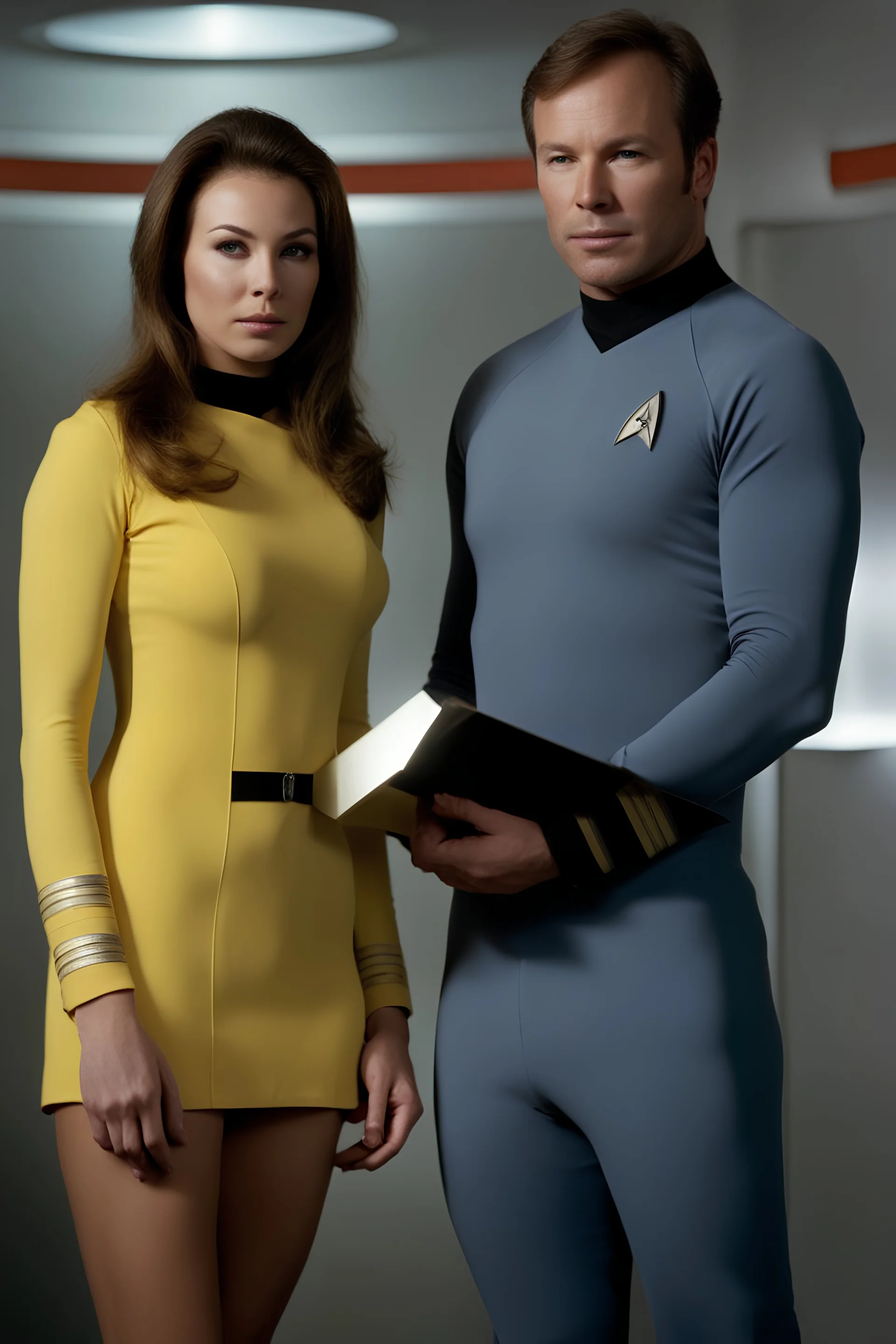 20-year-old Mina Shatner as Captain Kirk, wearing a yellow, thigh length, long-sleeved, slit mini-dress with a plunging neckline and an upside-down, V-shaped Starfleet communication badge on the left chest, Physician's rank on the collar and sleeve cuffs