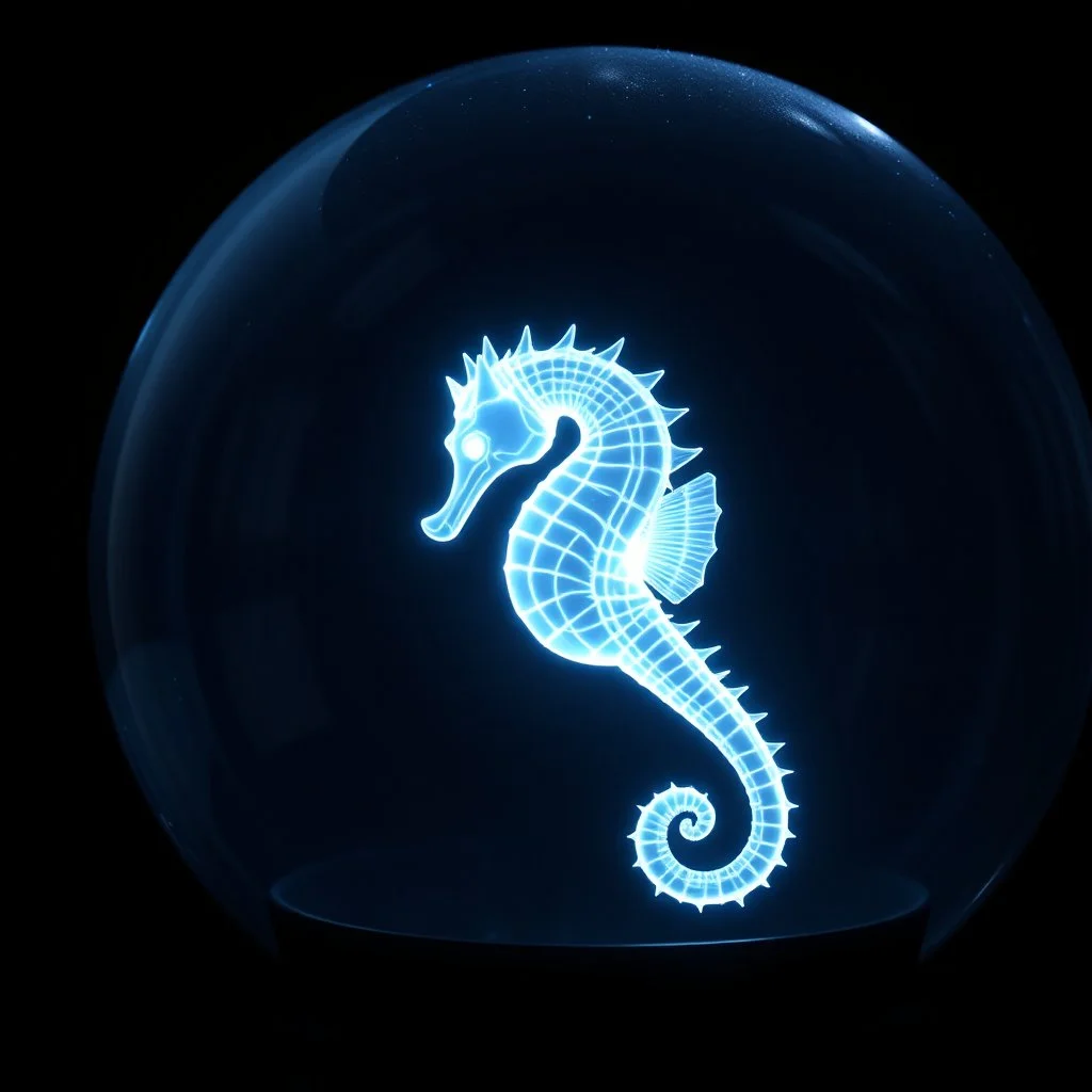 3d hologram of a seahorse made entirely out of light beams transmitted into a futuristic glass globe, shimmering translucent electric glowing lines, chiaroscuro, black background, contoured 3D hologram art,