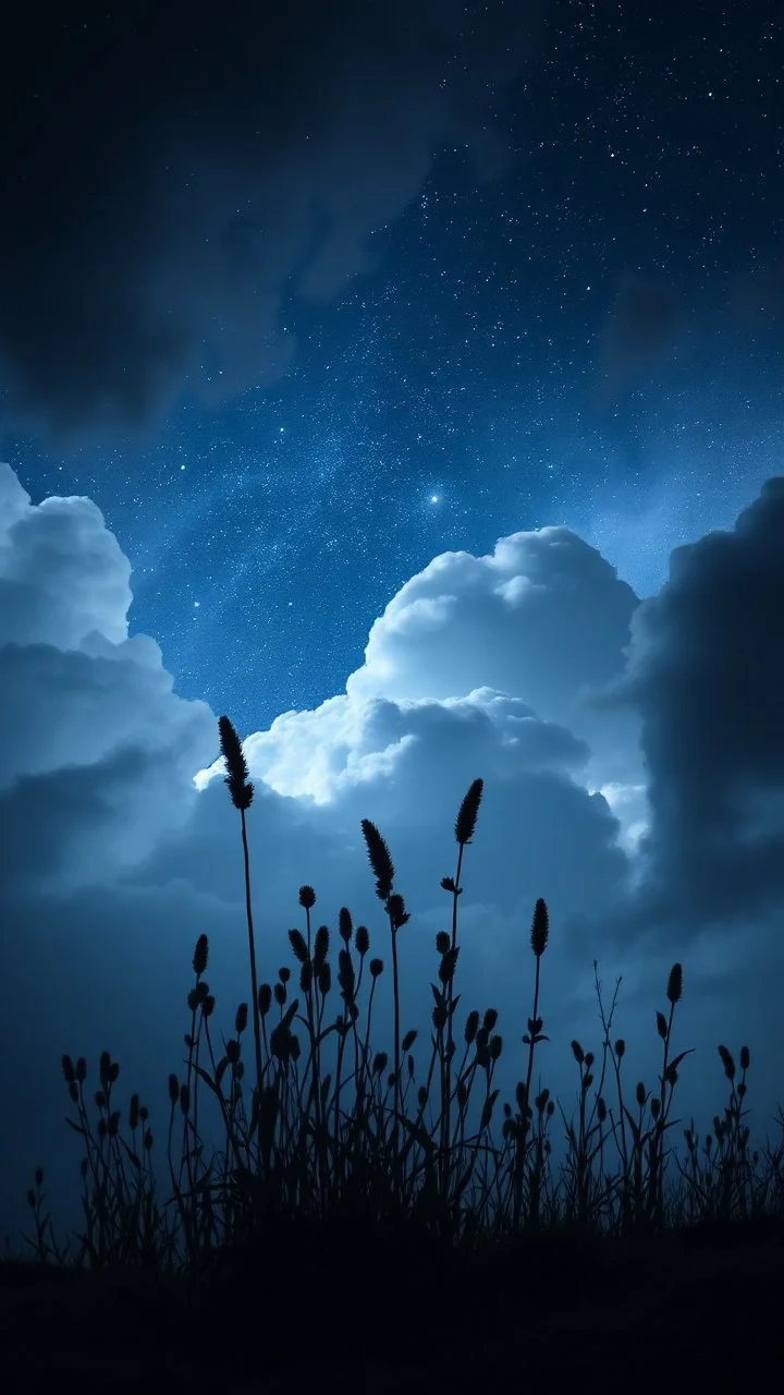 stars in the background and plants of out of this world galaxy in a blue and gray cloud of stormy weather a