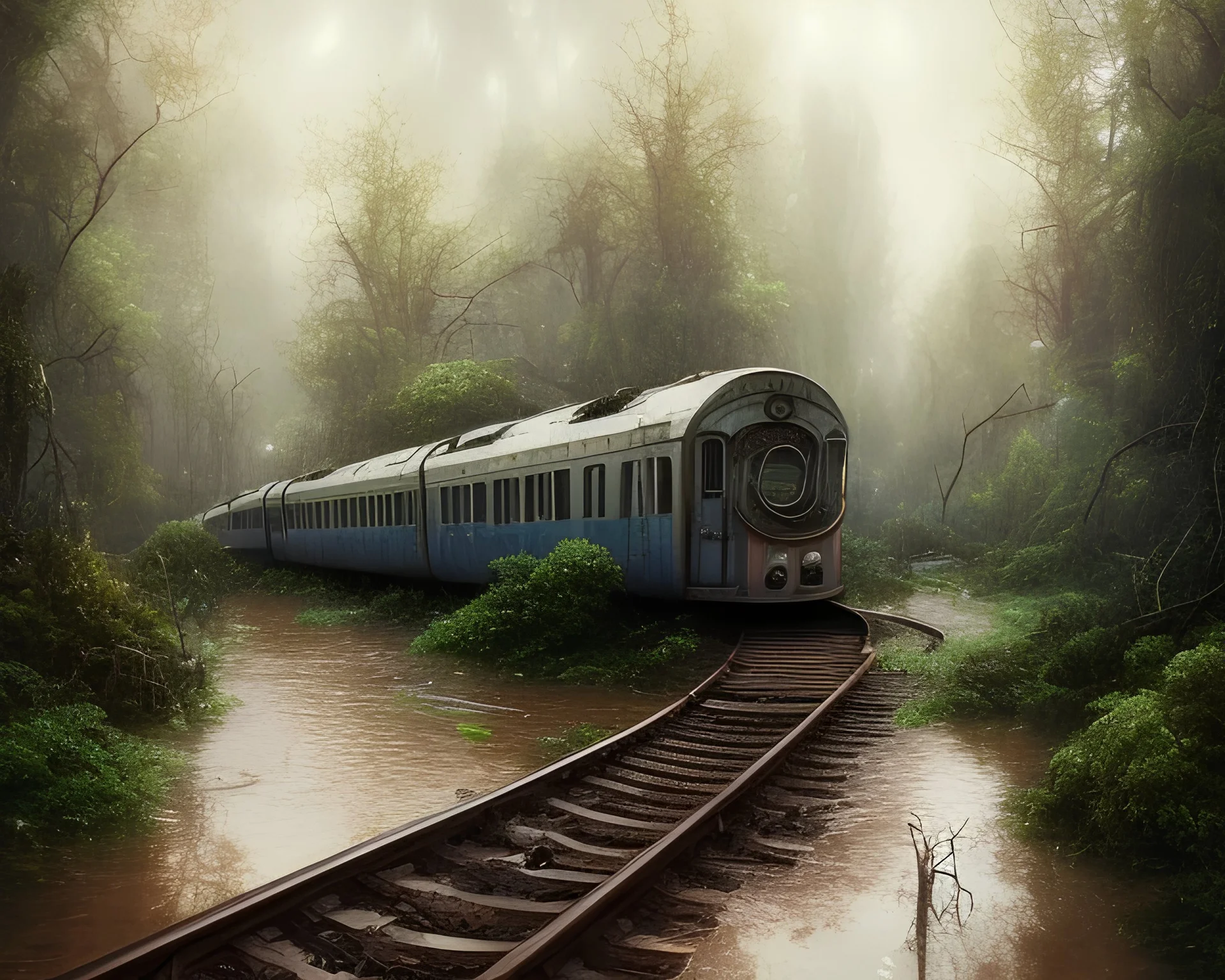 an abandoned train on tracks overgrown by nature with large puddles of water flooding part of tracks, 8k resolution, high-quality, fine-detail, intricate, digital art, detailed matte, volumetric lighting, illustration, 3D octane render, brian froud, howard lyon, selina french, anna dittmann, annie stokes, lisa parker, greg rutowski