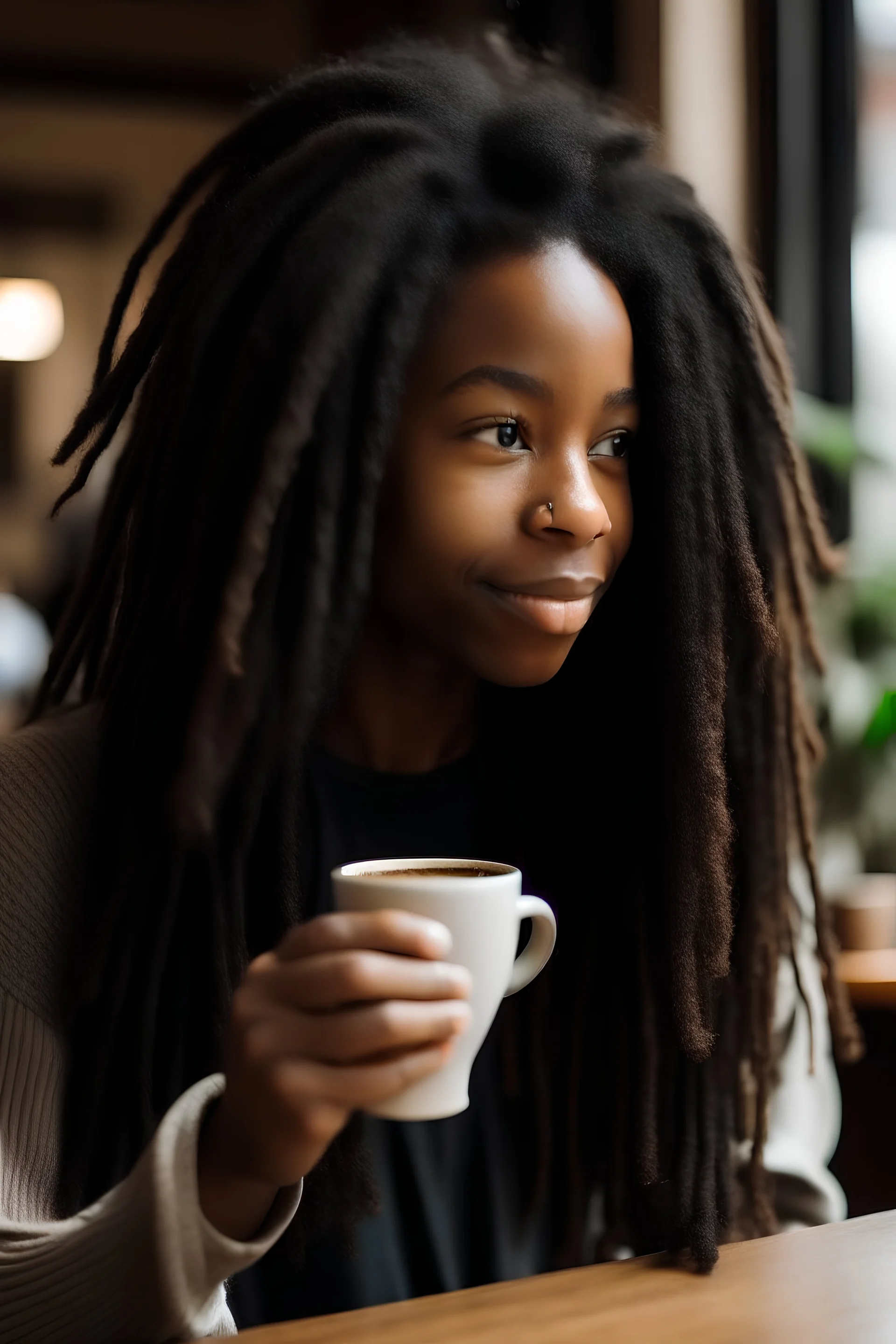 Wanita berambut panjang hitam berusia 23 tahun sedang minum kopi