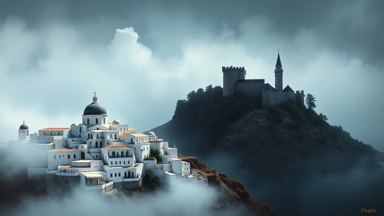 A hauntingly picturesque scene emerges from the mist - Santorini's iconic white buildings clinging to the cliffs next to Bran Castle's eerie silhouette rising from the forested sea. This evocative painting captures the contrast between the sun-drenched Greek isle and the dark, ominous presence of the Romanian fortress. The rich colors and intricate details in this masterful artwork make it a truly mesmerizing and high-quality composition that invites viewers to ponder the juxtaposition of beauty