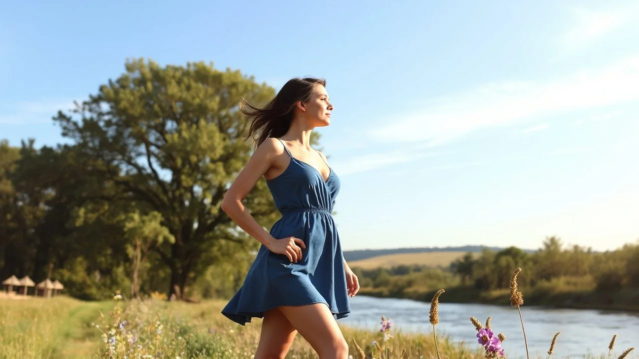 a beautiful lady in nice decolte mini dress sport shes in country side next to river and big tree,wild flowers standing
