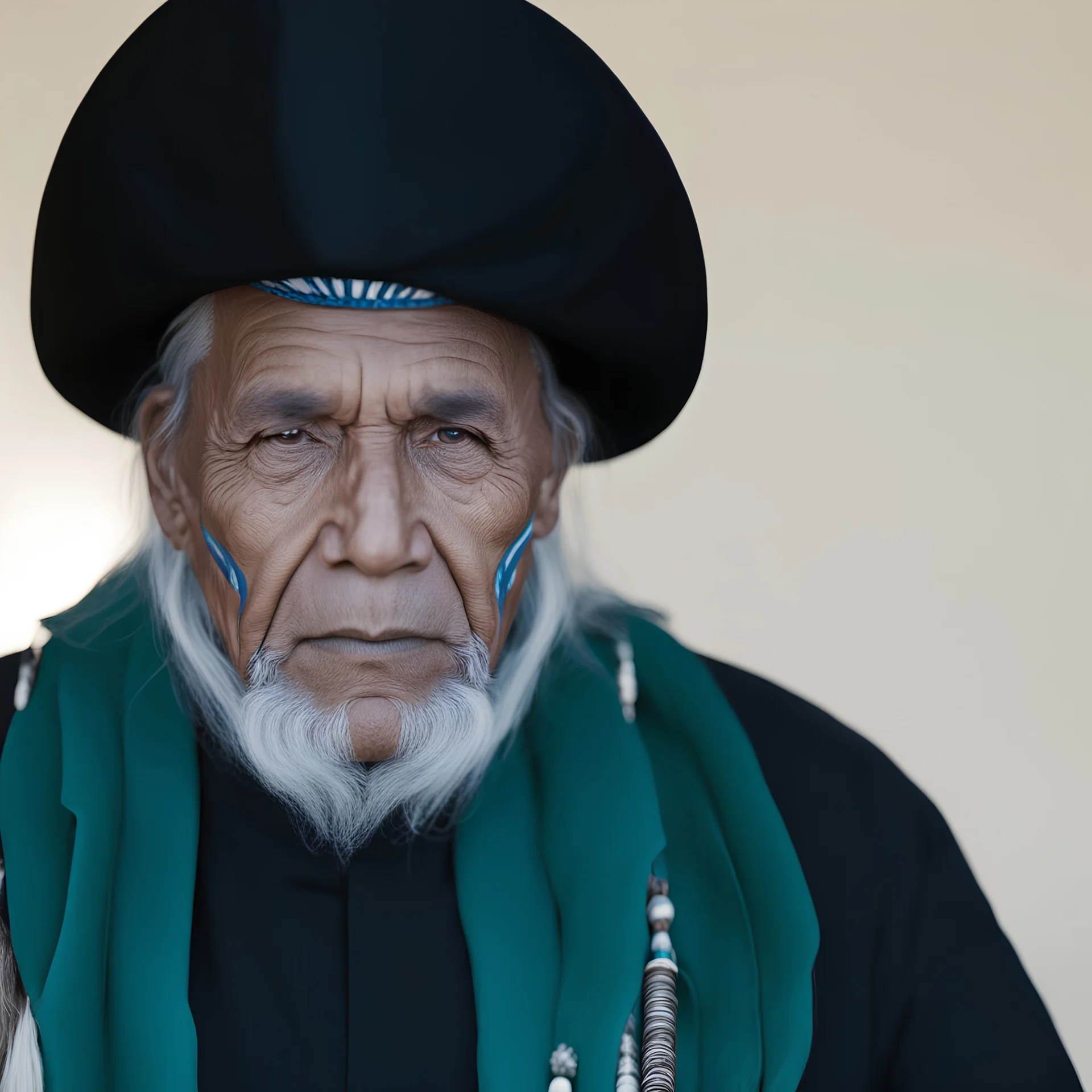 A highly detailed portrait black and white photograph captures an American Indian elder tribal leader in a hyperrealistic manner. The chief wears striking blue-on-red tribal panther makeup, facing forward with a strong gaze. The intricate texture of his skin and his intense expression are emphasized. Shot with a 50mm f2 lens on a GFX100 camera, the image features dramatic front lighting, creating a distinctive look. Aspect ratio: 2:3. Quality: 2.