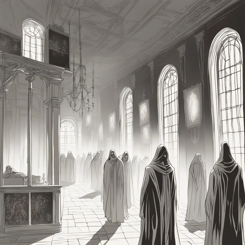 ghostly wraiths and smoky phantoms in a hall with broken mirrors