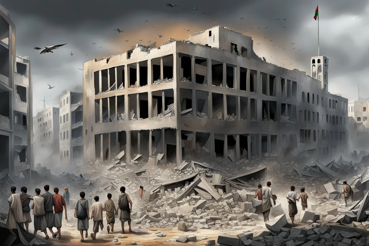 El Guernica de Gaza, edificios bombardeados en ruinas, niños, mujeres y hombres muertos, arte illustriation, calidad ultra, hiperdetallado, 12K