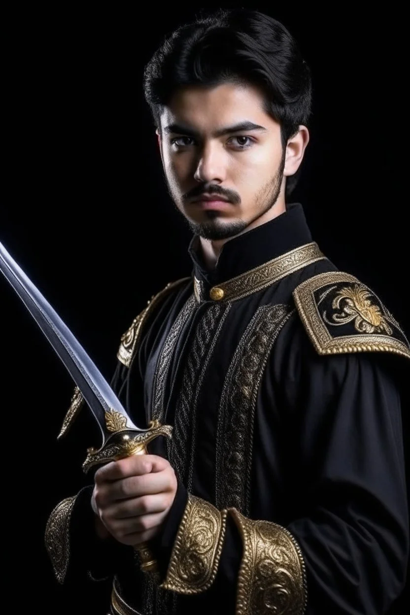 young european black hair adult royal guard swordsman with rapier