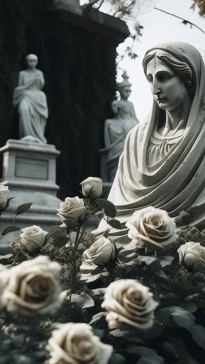 A grave with a statue of a woman behind it, and above it a white lace scarf and white roses. Cinematic picture