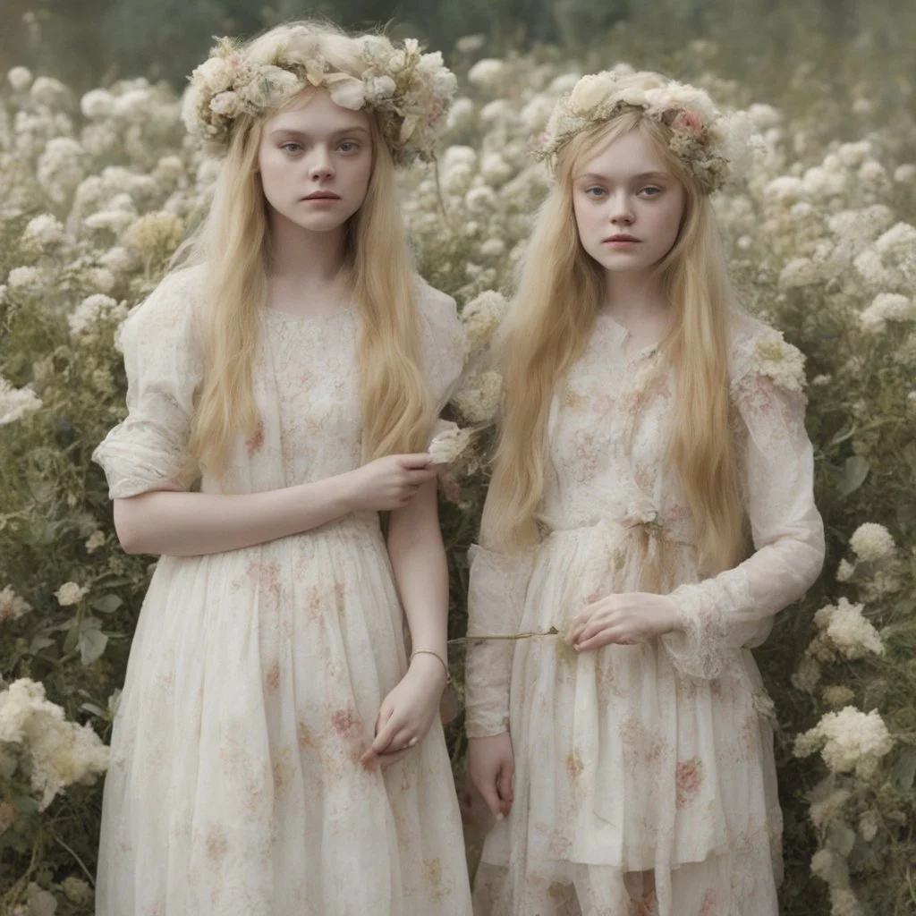 Elle fanning and dakota fanning as flowers, white, 1970s, hippies