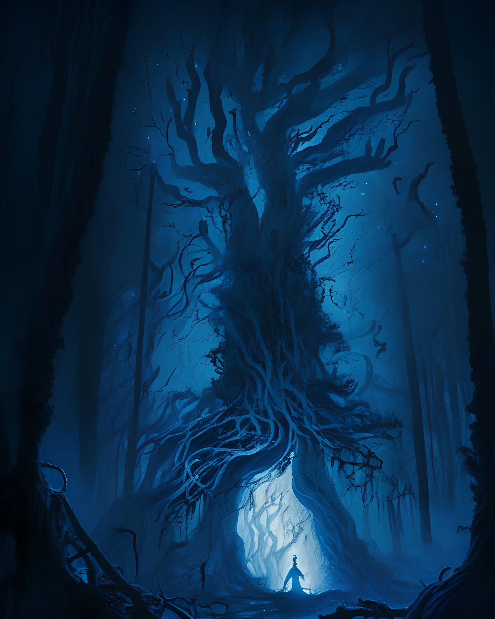 An ethereal and otherworldly scene of a dark, moody forest at night, with gnarled trees and twisted roots illuminated by a glowing blue mist, and a ghostly figure hovering in the center, its features indistinct and shifting as if made of smoke.