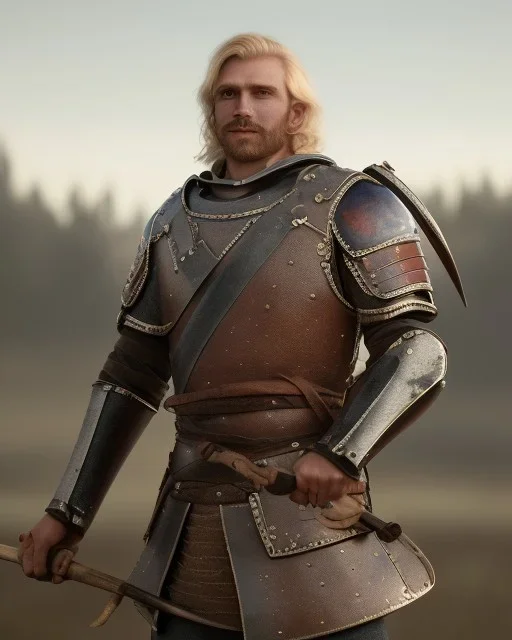 strong medieval men warrior with blond short hair, blue eyes and wide warm smile with an axe with green and brown clothes