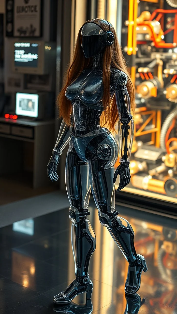 a photoshoot view fullbody all to feet beautifull Russian Supermodel long hair having humanoid body robot transparent visible glass shiny explore inside details machines mechanical parts