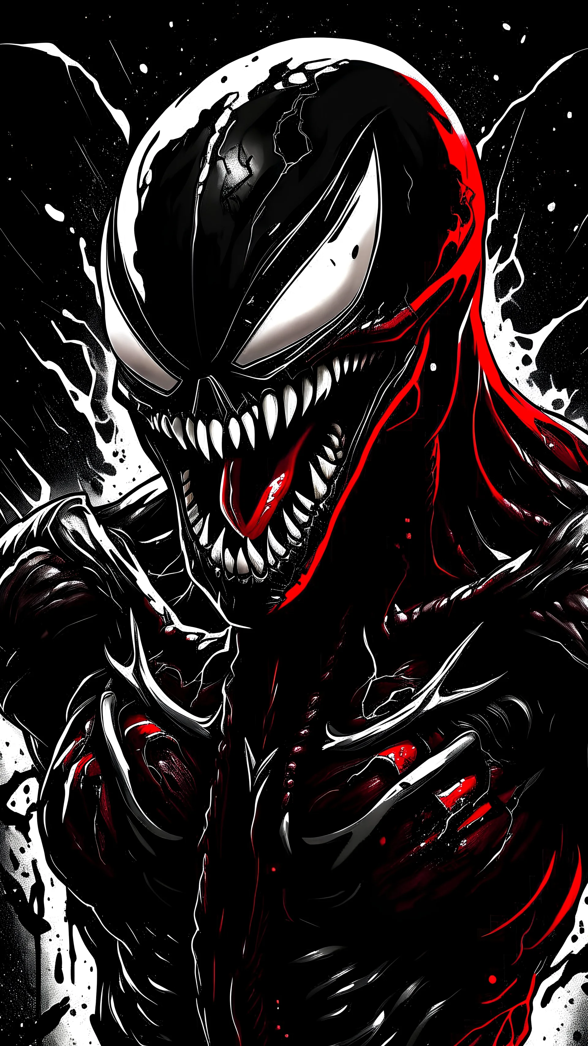 Black venom Symbiote version Batman,dominant symbiote character,mystical background,ultra detail, concept art,Lots of ink red splashes ,super detailed face, dynamic lighting, digital painting,highly detailed ,8k,