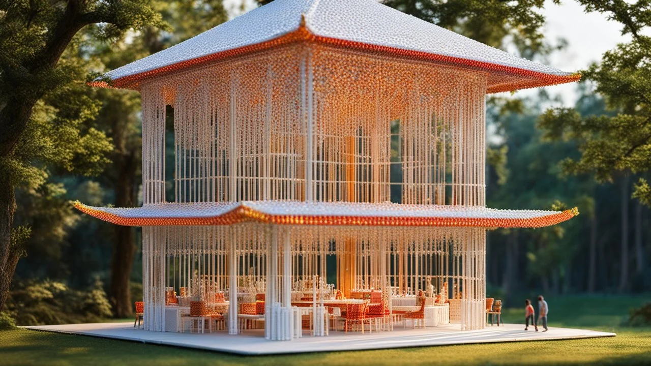 Miniature Pavilion made from hundreds of SIM cards, amazing detail, beautiful composition, award-winning photograph, astonishing realism, 28mm lens, adjust perspective