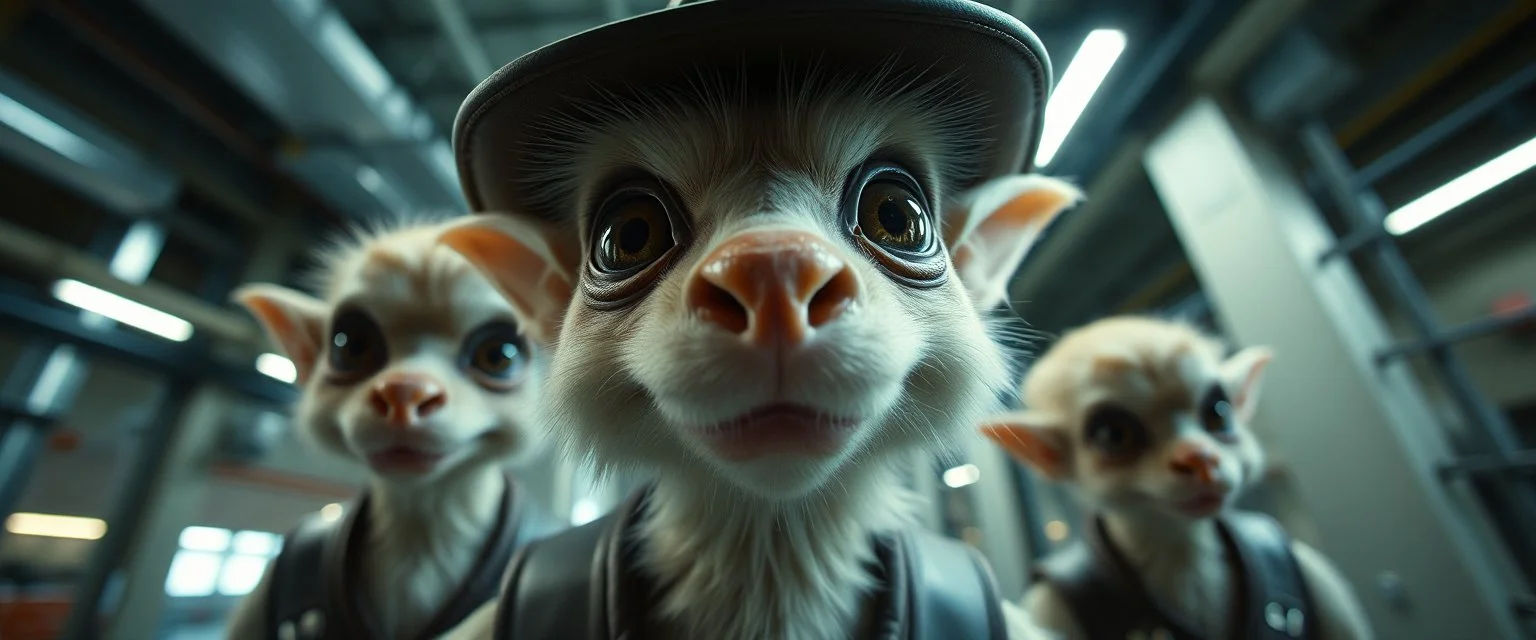 extreme close up on cheeky fluffy weasel cowboy elf family scumbag in the style of Escher and Giger and Fallout 4, pinhole cam, airbrush 3d rendering, on tv screen:A five-second cinematic single take in a clean industrial presentation hall.