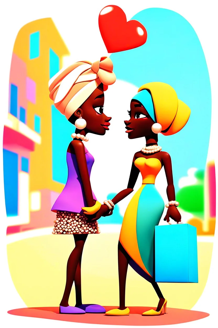 Love is in town. Prompt: Stylized 3D cartoon woman in profile view with long elegant proportions and smooth dark skin tone. Wearing a color-block mini skirt and sleeveless top. Her head wrapped in a turban and accessorized with bracelets and pearl earrings. Holding a small gift box with ribbon in her hands. Accompanied by a tall male companion in matching stylized design. Set against a soft studio backdrop --ar 2:3 --profile sng3ui9 --stylize 300 --draft