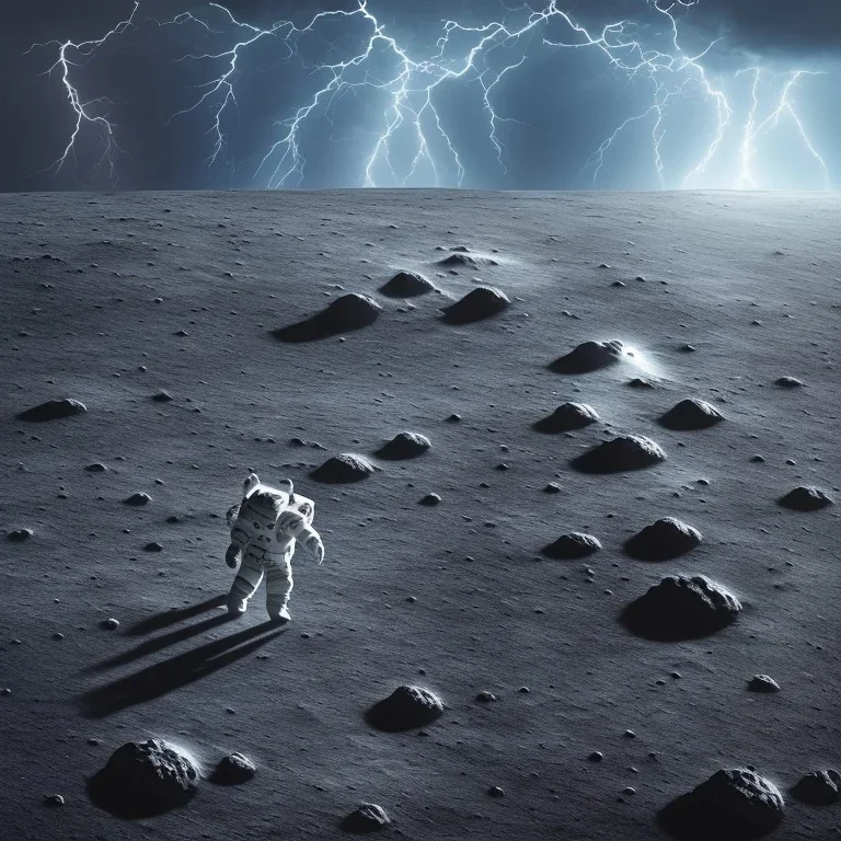 man walking on moon in thunderstorm