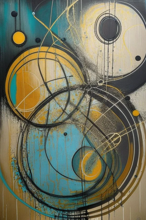 Abstract wet oil painting, ink lines, interlinked circles