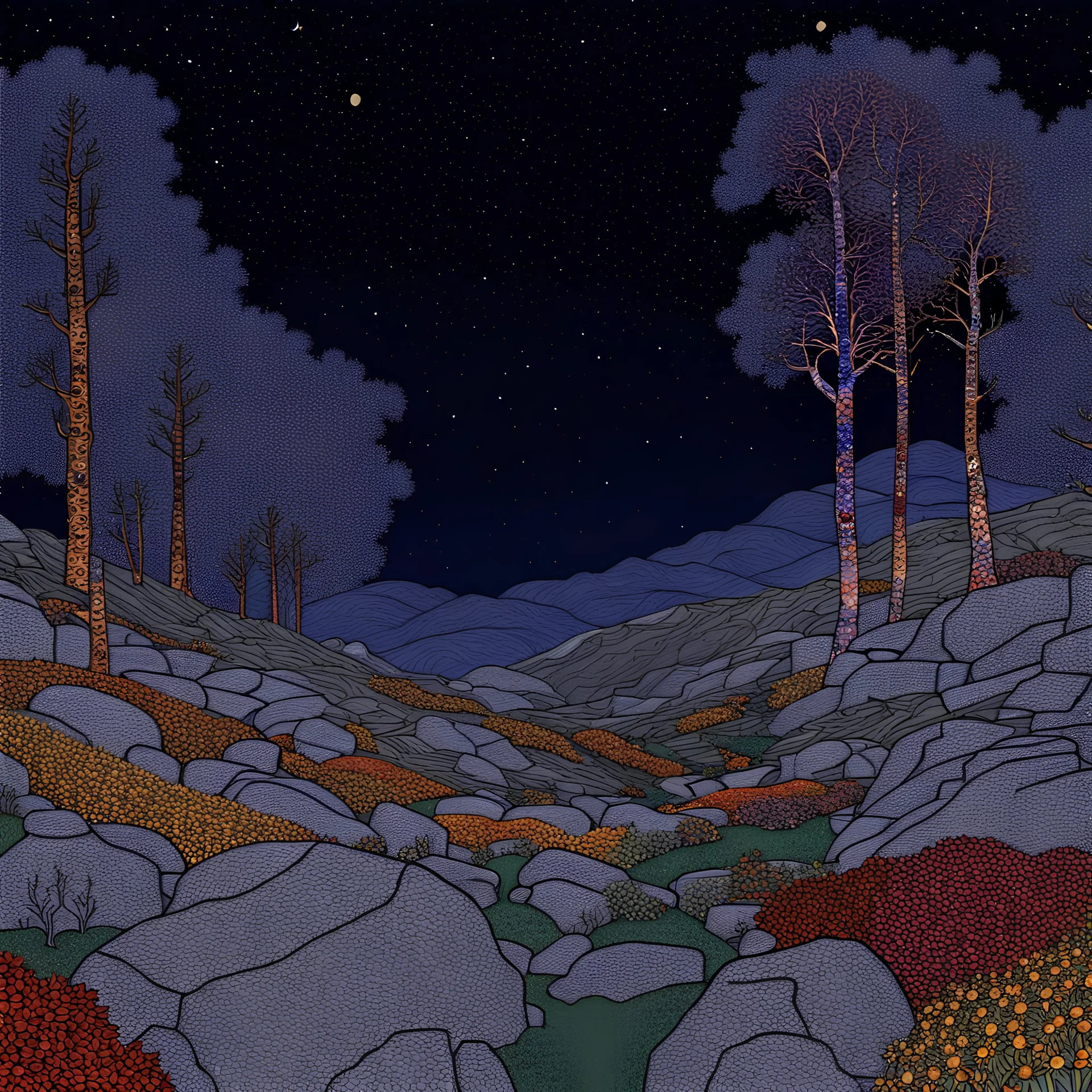 Colourful, peaceful, Egon Schiele, Gustav Klimt, night sky filled with galaxies and stars, rocks, trees, flowers, one-line drawing, sharp focus, 8k, deep 3d field, intricate, ornate