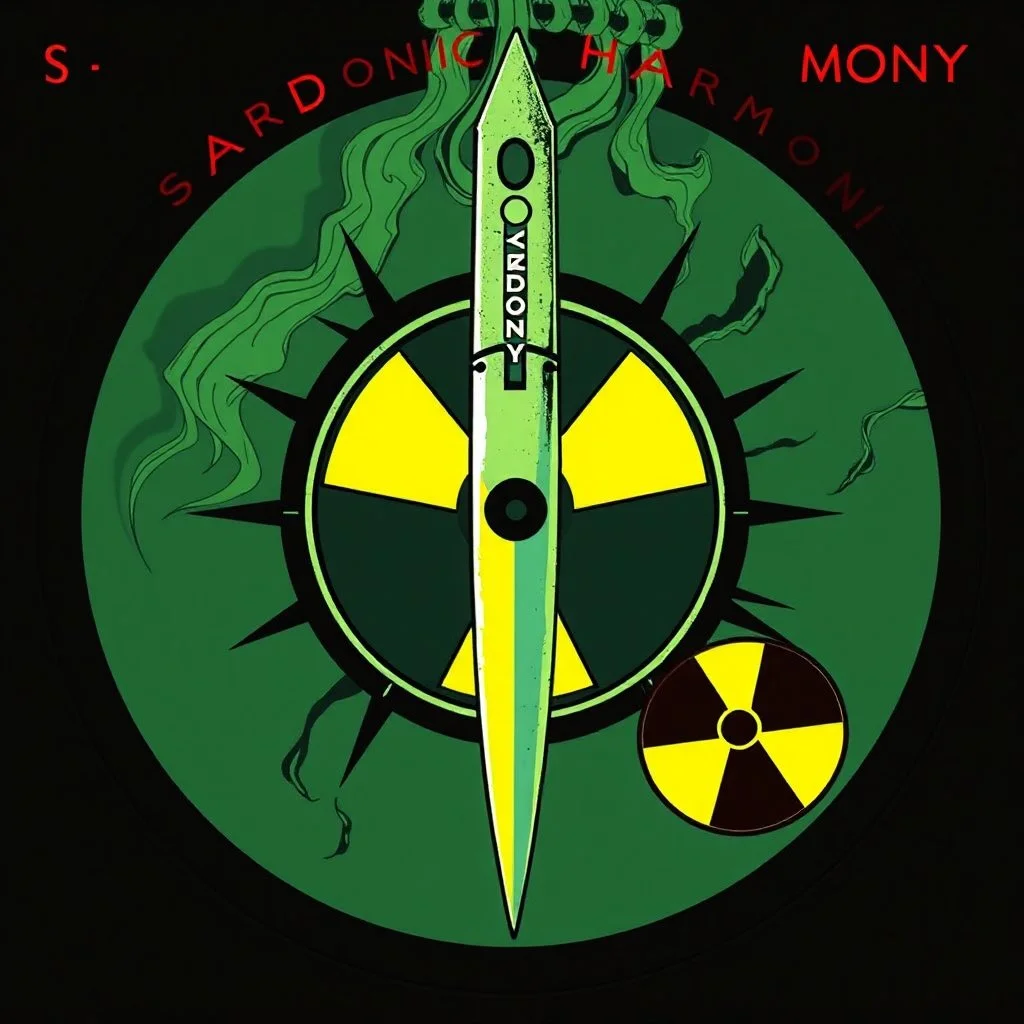 Album art by Peter Saville, illustration, logo for "SARDONIC HARMONY", guillotine blade and radiation symbol, gnarly, awesome, trending