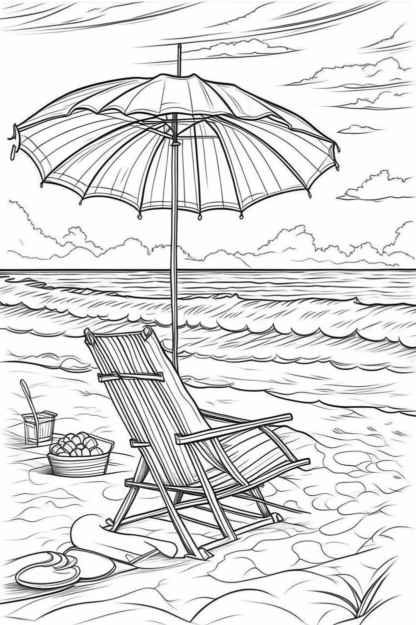 Outline art for coloring page, PICNIC BASKET ON A LONG BEACH TOWEL UNDER A TALL BEACH UMBRELLA ON A HAWAII BEACH, coloring page, white background, Sketch style, only use outline, clean line art, white background, no shadows, no shading, no color, clear