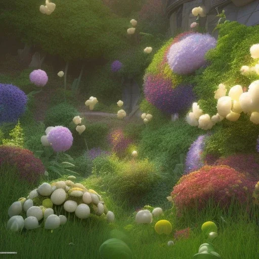 pixar style, volumetric summer garden environment and background, realistic painting of popcorn, looking excited, volumetric lighting, dramatic lighting, detailed digital painting, extreme dense and fine fur, anime, ornate, colour-washed colors, elegant, small minutiae, tiny features, particulars, centered, smooth, sharp focus, renderman gofur render, 8k, uhd, detailed eyes, realistic shaded volumetric lighting, sunlight caustics, backlight, centered camera view