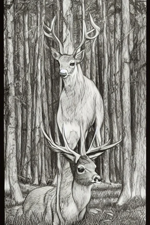 Forest, fair with deer standing, frontal, model style, hyper realistic, accurate, delicate, extremely detailed, Graphic novel style, wide-angle, front view, open aperture, superfine pencil