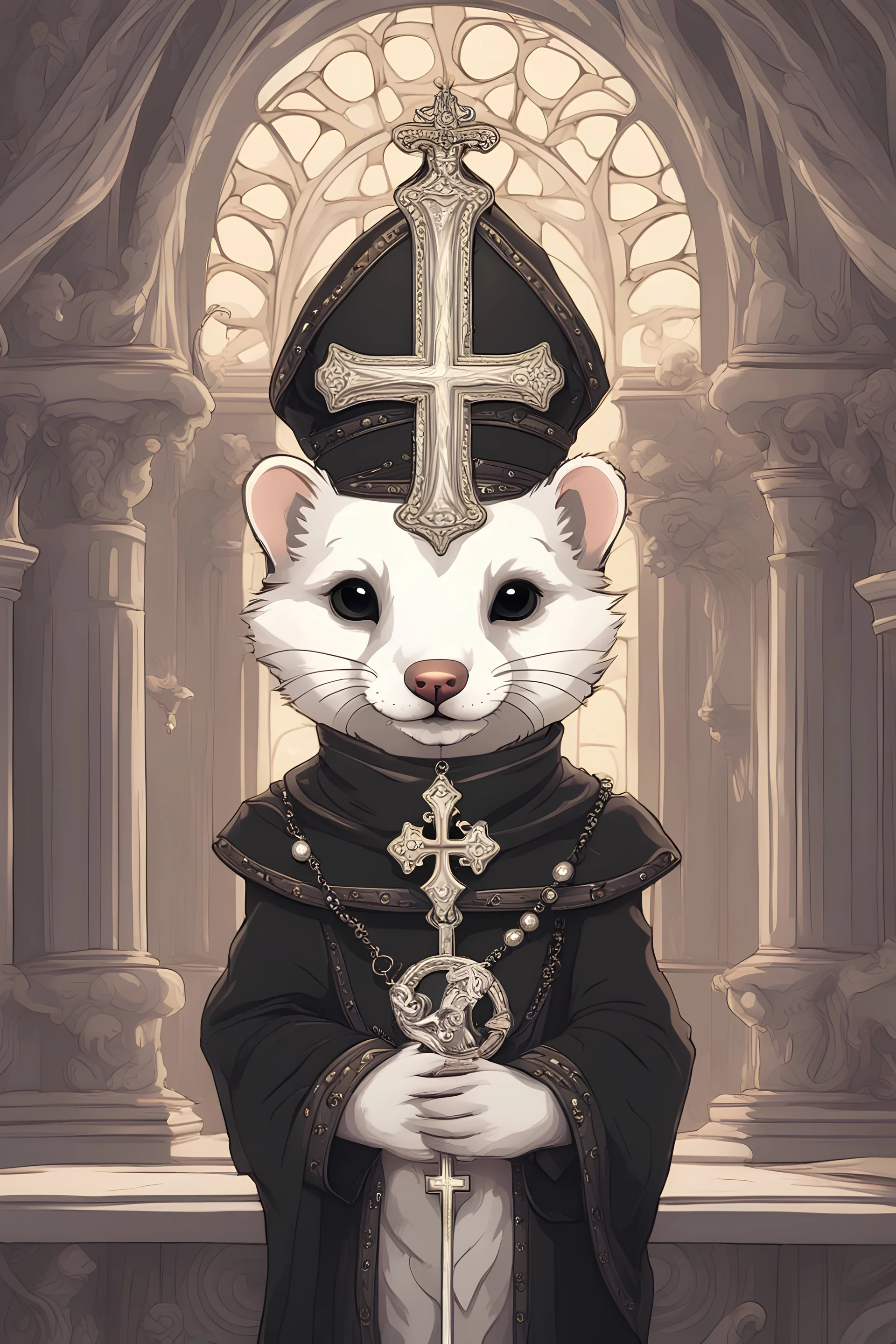 (anthropomorphic white ferret),dressed in ((cleric fantasy)) black clothes with silver holy ornaments, realistic anatomy, holy symbols around, serious face, hold holy cross symbol, tired face, in the style of LOISH, look at the vivewer, cute face, fantasy inspire, fantasy church on background with sunshine, gloomy atmosphere