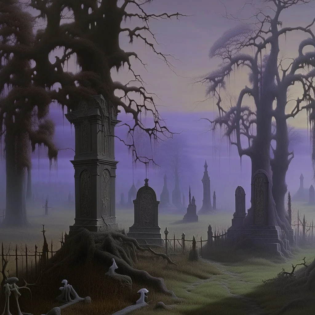 A purple haunted mansion with spirits near a graveyard painted by Caspar David Friedrich