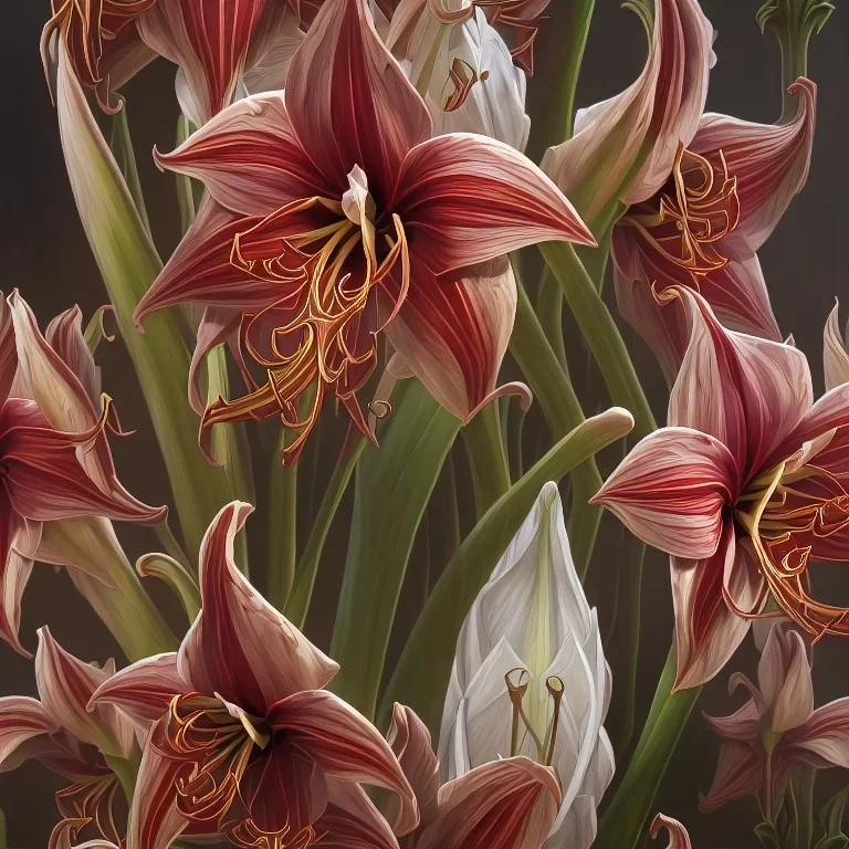 A highly detailed oil painting of intricate Amaryllis flowers, seamless pattern, Dark Academia