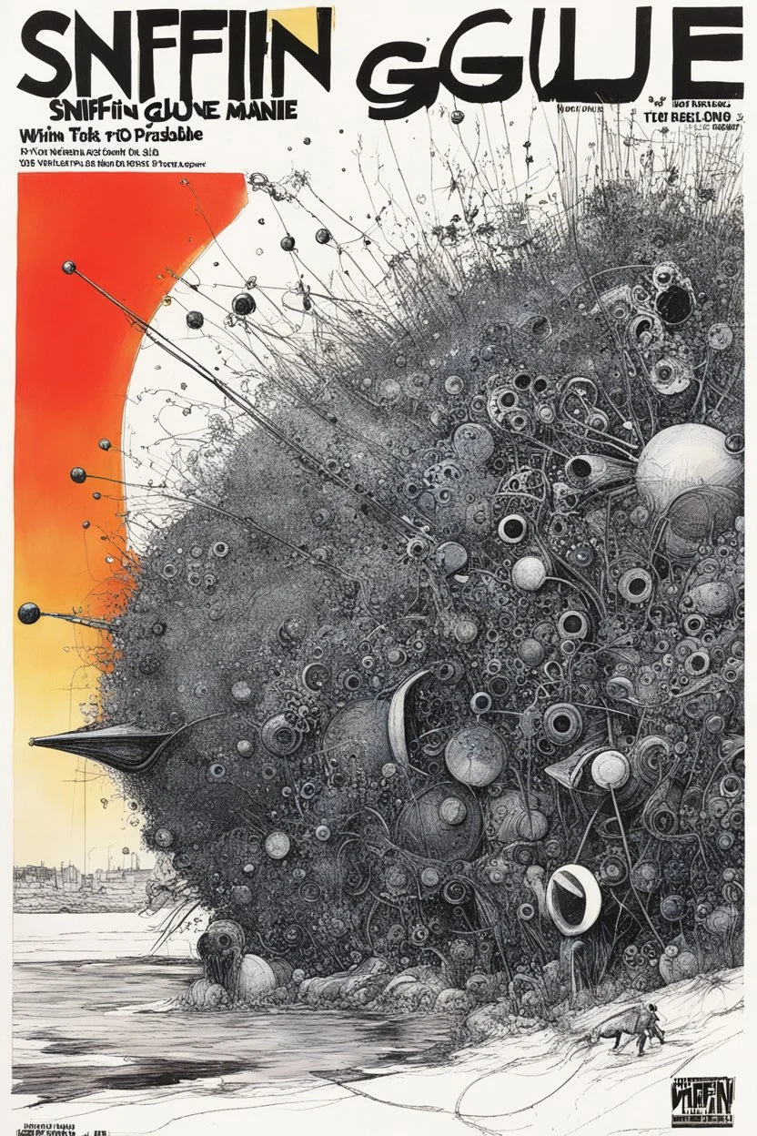 SNIFFIN’ GLUE magazine high res photo cover by Ralph Steadman: special issue #2442 on stochastic processes, guest star: Wiener and Ito for their definitions and changes of variable: :\[dX_t = [a_1(t)X_t + a_0(t)]dt + [b_1(t)X_t + b_0(t)]dW_t, \quad X_0 \text{ donné}\]On commence par chercher une solution \(F_t\) du système homogène: \(dF_t = a_1(t)F_t dt + b_1(t)F_t dW_t\) avec \(F_0 = 1\).Trivialement :\[F_t = \exp\left[\int_0^t \left(a_1(s) - \frac{1}{2}b_1(s)^2\right)ds + \int_0^t b_1(s)dW_s