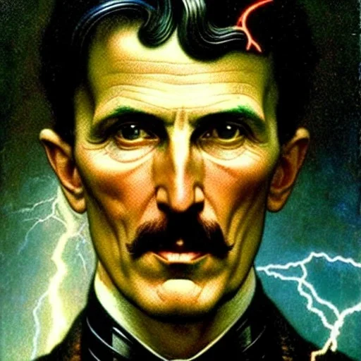 Nikola tesla, highly detailed face, surrounded by lightning bolts in the style of tom bagshaw, alphonse mucha, gaston bussiere, cyberpunk. anatomically correct elegant body. extremely lush detail. masterpiece. melancholic scene infected by night. perfect composition and lightning. sharp focus. high contrast lush surrealistic photorealism.