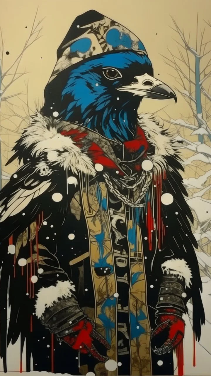 A contemporary serigraphy portrait by Kunisada of a crow adorned in a punk leather jacket within a snowy Christmas atmosphere.