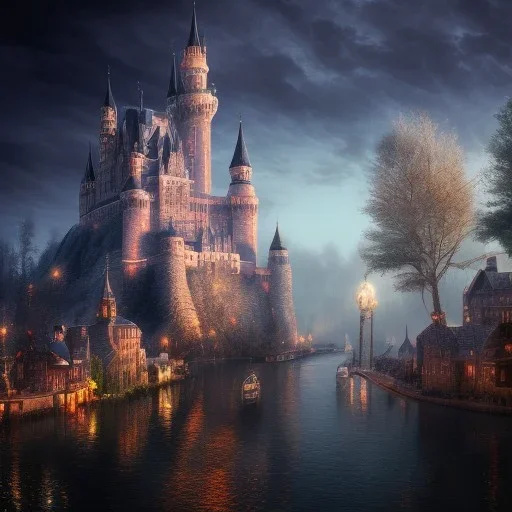 A magical gothic little town of witches with a castle and canals Nick Harris style