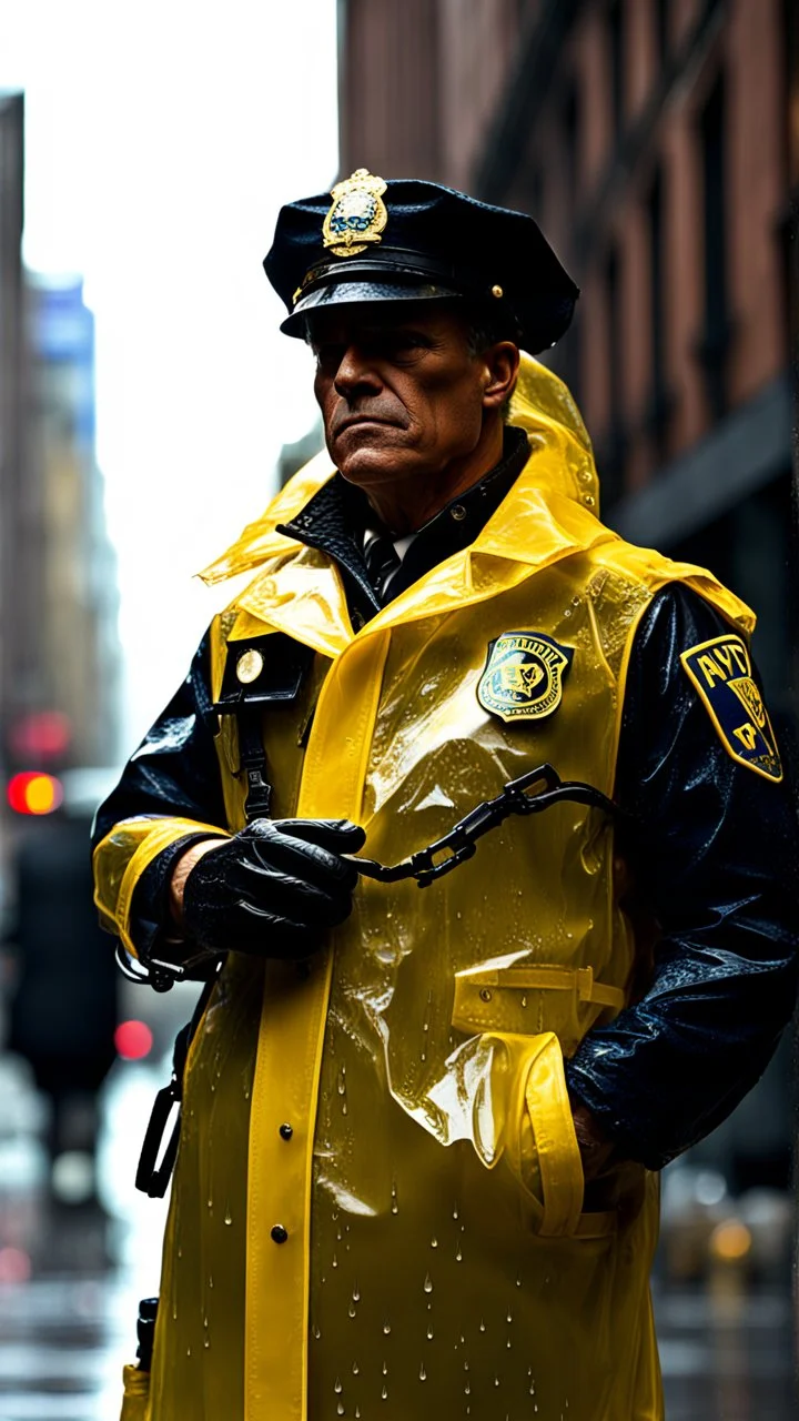 vintage retro nypd full body color policeman wtih exosquelette heavy yellow rain transparent coat