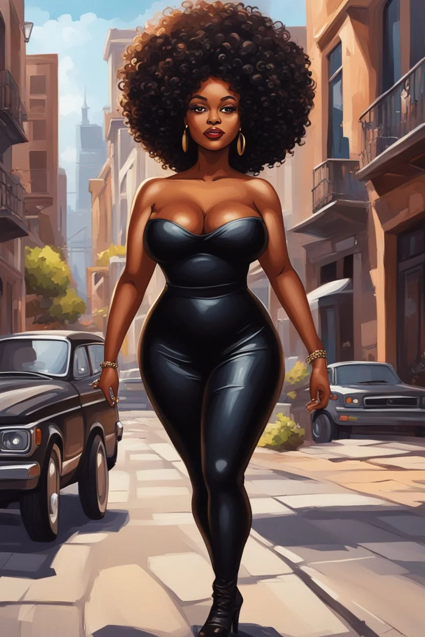 Create a oil painting cartoon image of a curvy black female walking thru the city streets wearing a black off the shoulder jumpsuit. Prominent make up with brown eyes. Highly detailed tight curly black shiny afro